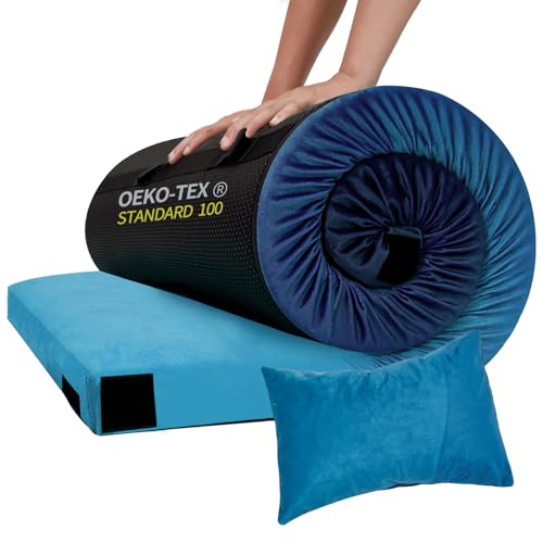 Memory Foam Camping Mattress, Comfortable Memory Foam Camping Pad with Pillow and Travel Bag, Portable, Foldable for Hiking & Travel,Blue 75 * 38 * 3