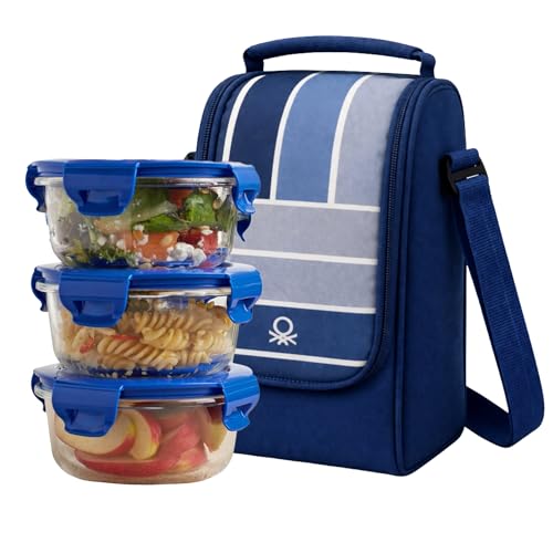 Image of United Colors of Benetton Lunch Bag Set with 3 Glass Containers | Insulated Leakproof Tiffin Bag for Office, School & Travel | Durable, Stylish, BPA-Free Food Storage Kit (Navy-Blue)