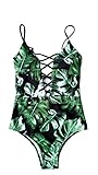 Sondiborn Swimwear Women's One Piece Criss Cross Front Swimsuit Solid Color Floral Print Monokini (L, Print in Green)