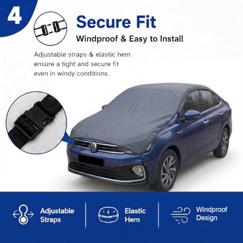 Image of Pivalo Half Car Body Cover for Sedan Cars (All Models & Years) | 100% Waterproof Outdoor UV & Heat All Weather Protection | Triple Stitched 3 Layer with Adjustable Straps Cover (Grey)