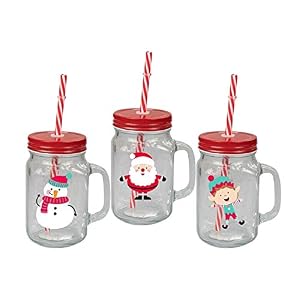 Invero® 3X Set of Christmas Design Drinking Glass Jar Mugs with Handle Screw Top Tin Lid and Straw