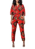 Erinaco Women's African Print High Waist Jumpsuits Boho V Neck Wide Leg Long Pants Rompers One Piece with Pockets