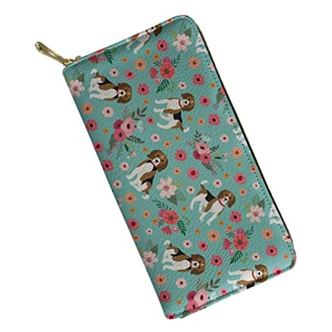 UFDIS Beagle Dog Floral Pattern Women Long Clutch Purse Leather Wallet Zipper Card Holder Cellphone Case Cover
