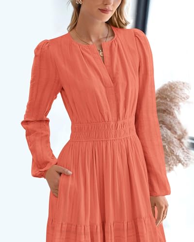 BTFBM Fall Dresses for Women 2025 Casual Long Sleeve V Neck Elastic Waist Lightweight Maxi Wedding Guest Dress Pockets