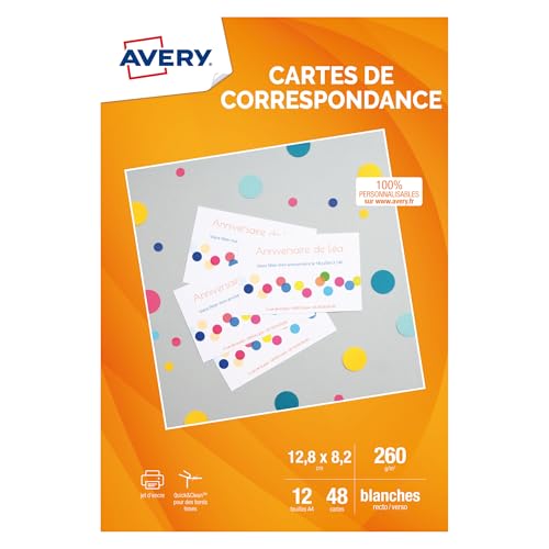 AVERY - Pochette de 48 cartes de correspondance à bords lisses (260g/m²). Personnalisables et imprimables. Format 128 x 82 mm. Impression jet d'encre.