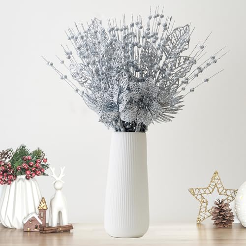 CristBest 24 Pack Christmas Tree Ornaments - Artificial Flowers Glitter Berry Stems Christmas Floral Picks Branches for Xmas Tree Decorations Vase Filler Holiday Wedding Party Home Decor (Silver) - image 4