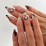 24 Pièces Faux Ongles Autocollants Amande Moyen, Bordure Dorée 3D Ongles à Coller, Français Fleur Imprimé Léopard Press on Nails, Acrylique Couverture Complète Rose Capsule Ongles pour Femme