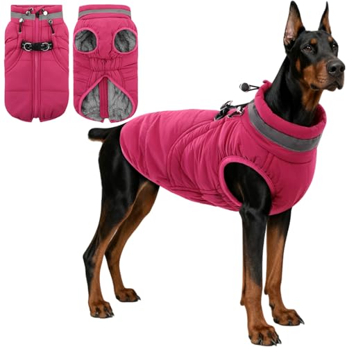 SAWMONG Windproof Waterproof Dog Coat, Reflective Dog Jacket with Built-in Harness, Fleece Lined Cold Weather Coat with Zipper for Winter, Cold Weather Outdoor Adventures(2XL,Rosered)