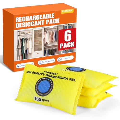 Image of FURWEY 6 Pack Rechargeable Desiccant Packs for Storage, 100g Each, Yellow