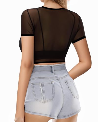 MANGOPOP Women's Short Sleeve Long Sleeve Sheer Mesh Crop Tops Tee Shirt Blouse3