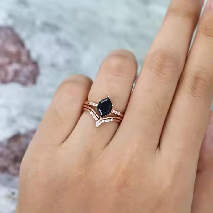 Hexagon Black Onyx Wedding Ring Set 925 Sterling Silver 2 Piece Black Gemstone Ring Set For Women Bridal Ring Set Unique Bridal Ring Set For Wife Birthday Present