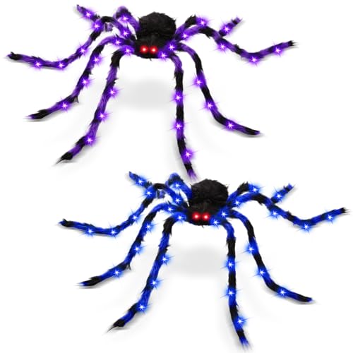 2 Pack 50' Halloween Light Up Spiders, Giant Hairy Spider Decorations with Blue and Purple LED Lights, Scary Indoor Outdoor Halloween Decor for Yard Porch Tree Party Haunted House