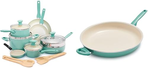 GreenPan Rio Healthy Ceramic - Juego de ollas y sartenes antiadherentes de 16 piezas sin PFAS apto para lavavajillas turquesa y Rio saludable sartén