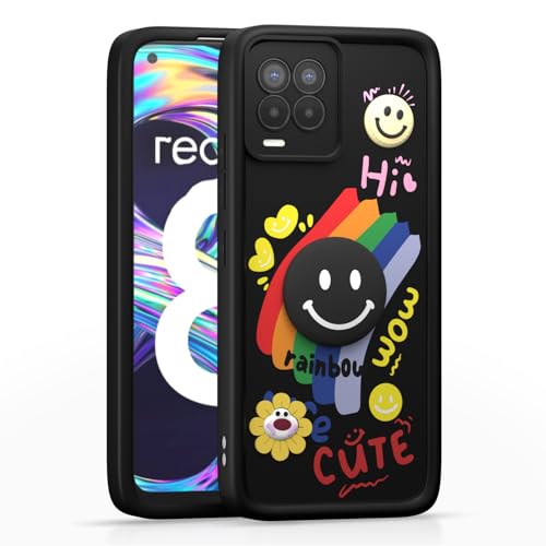 Image of Pikkme Back Cover for Realme 8 4G / 8 Pro | Soft Silicone| Cute Rainbow Smile & 3D Cartoon Flower Design | Shockproof Raised Camera Protection Bumper Case (Black)