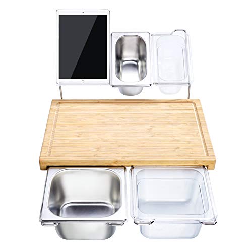 Bamboo Cutting Board Set with 4 Containers, Chopping Board with Juice Grooves, Handles & Food Sliding Opening, Personalized Cutting Board for Easy Food Meats Bread Fruits Prep and Cleanup