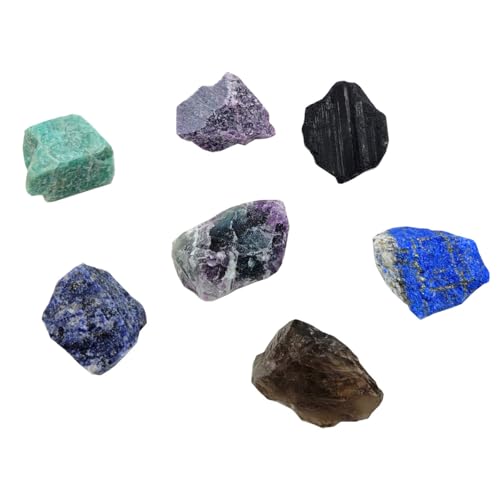 7Pcs Energy Crystals for Home Protection Raw Crystals Set of Smoky Quartz Fluorite Black Tourmaline Lepidolite Lapis Lazuli Sodalite Amazonite(Crystals for Home Protection)