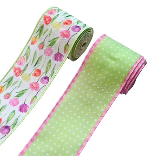 ShumKwin 2 Rolls 10 Yards Spring Green Floral Wired Ribbons for Wreath Bows Wrapping Gifts Colorful Tulip Polka dot Ribbon for Mothers Day Wedding Birthday Baby Shower Party Dcor DIY Crafts 2.5