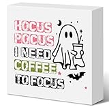 Niedliches Halloween-Deko-Geisterschild Hokus-Pokus I Need Coffee to Focus Holzkiste Schild für Zuhause, Café, Bar, Ladenstation, 12,7 x 12,7 cm