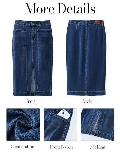 luvamia Jean Skirts for Women Denim Trendy Casual Stretchy High Waisted Midi Front Pockets Below Knee Skirt with Slit4