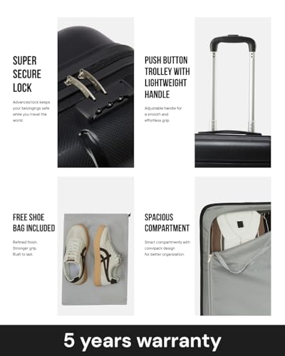 Image of SNITCH Loop Cabin Size Black Polypropylene Hard Travel Suitcase - Trolley Bag Small & Luggage with 4 Wheels, Secure Lock & Free Shoe Bag