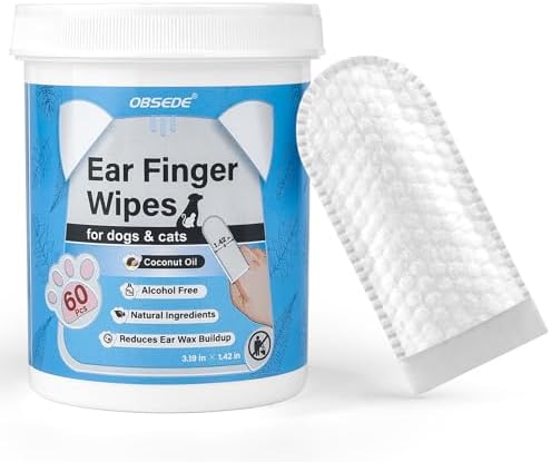 OBSEDE Ear Cleaner Finger Wipes, Grooming Kit Care for Dogs and Cats Regular Soothing Odor Control Reduce Dirt Wax Build Up Easy to Use Fresh Coconut Scent, 60 Count