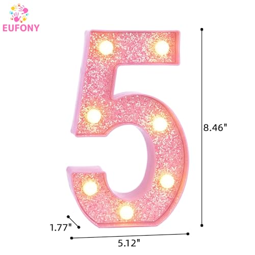 Image of Pink Light Up Marquee Numbers, Glitter LED Number Lights Signs Battery Operated for Girls 5th 15th 25th Pink Birthday Party Table Decorations, 8 Inch Tall Number 5 with Warm White Lights