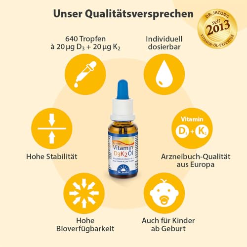 Dr. Jacob's Vitamin D3 K2 Öl (20 ml) – 800 I.E. Vitamin D3 + 20 µg K2 (MK-7) pro Tropfen | Hohe Bioverfügbarkeit… – Ansicht 4