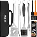 grilljoy 8PCS BBQ Grill Tools Set with Extra Thick Stainless Steel Spatula, Fork, Tongs & Cleaning Brush - Complete Barbecue Accessories Kit with Portable Bag - Perfect Grill Gifts for Men Black