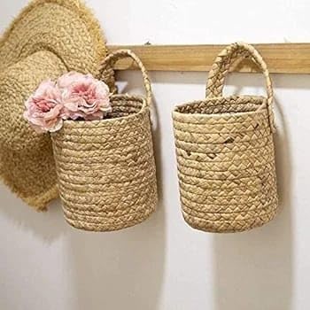 Handwoven Seagrass Wall Hanging Storage Baskets with Handles, Natural Beige, Set of 2