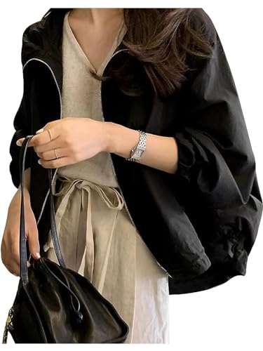 DUZTELYI ブルゾン ジャケット レディース マウンテン UVカット パーカー 防風 防水 ショート丈 フード付き コート 無地 薄手 アウター 韓国 ファッション 春 夏 DU871 (JP, アルファベット, Free Size, ブラック)のサムネイル