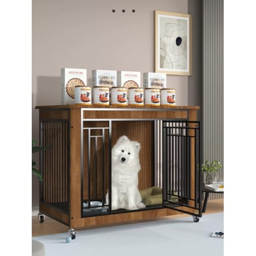 Heavy Duty Dog Crate with Wheels, Escape Proof Cage Kennel, Metal Cage for Large Dog Breeds, Great Dane, Mastiff, St. Bernard, 38.6 X 26.8 X 36.6 Inch