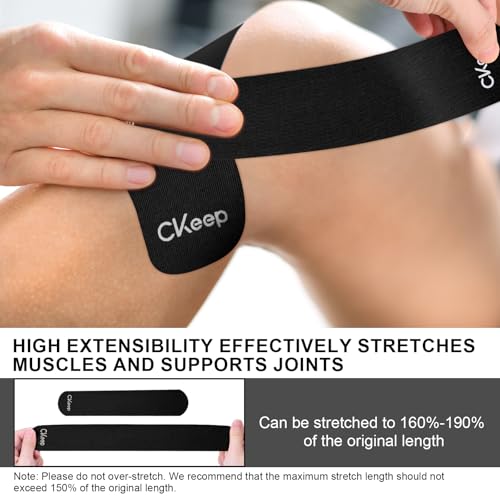 Image of CKeep Kinesiology Tape, 2 Rolls 2 Inch Wide Elastic Precut Strips, Black | Cotton Latex Free Hypoallergenic Breathable Athletic Tape, Sticky & Waterproof Kinetic Tape for Joint Support Injury & Sprain