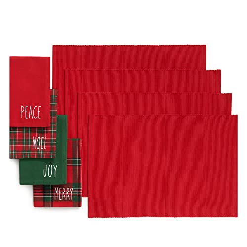 Elrene Home Fashions Holiday Sentiments Fabric Placemat and Napkin Value Set, Set of 4 Napkins and 4 Placemats, 13 x 19 inches