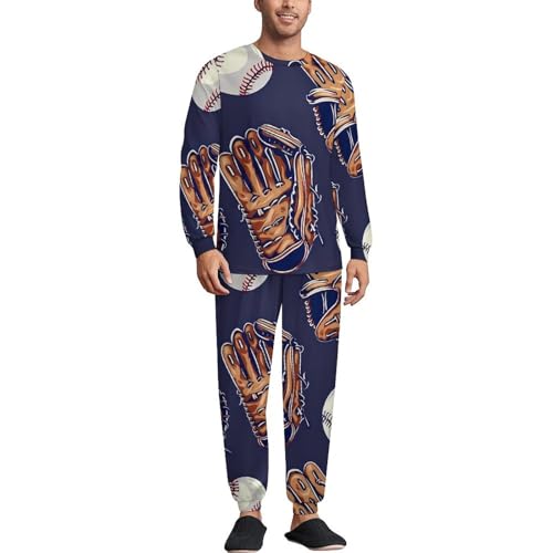 Baseball Glove Men's Pajama Set Long Sleeve Sleepwear Pjs Soft Crewneck Shirts And Bottoms