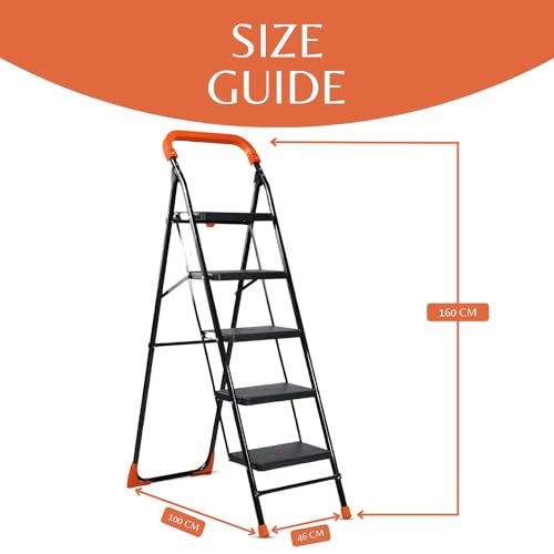 Image of BRANCO Heavy Duty Folding Ladder with Wide Steps | Lifestyle 5 Steps Foldable Ladder | Slip-Resistant | High Strength Long Durable for Home, Kitchen | (Black & Orange)
