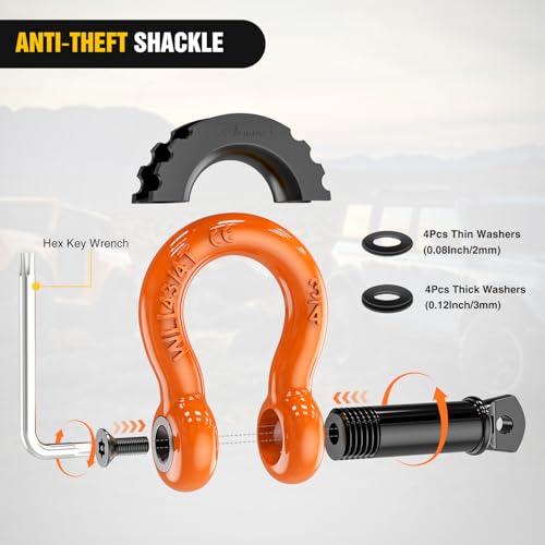 Image of Nilight 3 /4 inch D Ring Shackle 2 Pack 19T (41,887 lbs) Break Strength 4.75T WLL Heavy Duty Towing Hook with Anti-Theft System Anti-Rattle Isolators for Truck Jeep SUV ATV UTV Recovery Orange