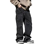 Baggy Cargo Jeans Men Teen Boys Casual Loose Jeans Flap Pockets Y2k Denim Pants 90s Hip Hop Streetwear, Black, Medium