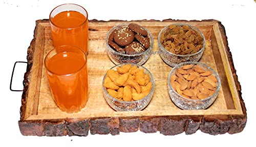 Image of Sheesham Wooden Tray, Nested Handmade & Handcrafted Rectangular Serving Platter - Size (37 x 25 x 4.5 cm) (Wooden Tray, Nested Handmade)