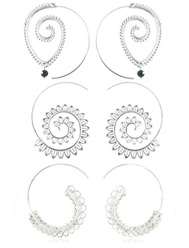Tuccpai 3 PairsVintage Bohemian Spiral Hoop Earrings Set For Women Set (Silver tone)