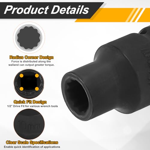 Image of HARFINGTON 2pcs 1 /2 inch Drive x 10mm Shallow Impact Socket 12-Point Metric CR-V Steel Spindle Nut Impact Flip Sleeve for Home Auto Nuts Bolts Repair