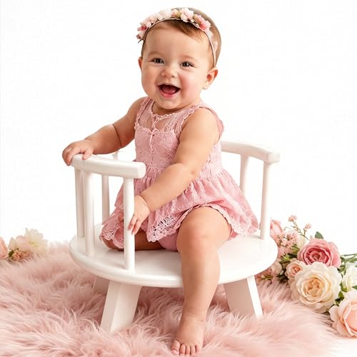 Image of Baby Photography Props White Wooden Stool Toddler Posing Props Cake Smash | Baby Chair for Photoshoot, Infant Photography Prop for Sitting Babies, Milestone Portraits, First Birthday and Cake Smash