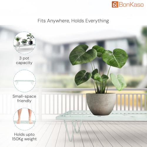 Image of BonKaso Heavy Duty Rectangle Plant Stand: 60.9X 20.3 x 12.7 cm, White - Set of 4, Modern Design for Indoor & Outdoor Use, Sturdy, Anti-Rust Planter Stand for Garden, Balcony, Patio