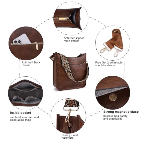 Image of HKCLUF Crossbody Bag for Women Vegan Leather Hobo Handbags Guitar Strap Purse Shoulder Bucket Bag with 2PCS Adjustable Straps
