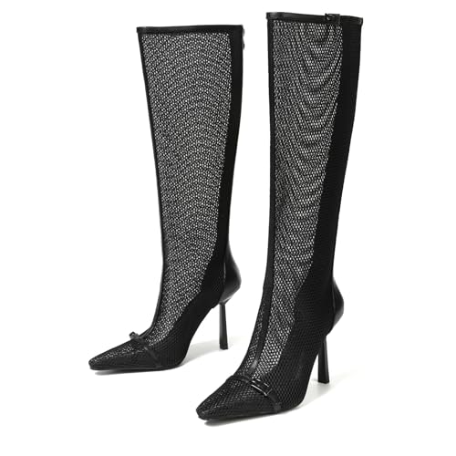 AMINUGAL Knee High Boots For Women Fashion Winter Booties Pointed Toe Stiletto High Heel Bukle Strap Womens Mesh Long Boot Party Dress Christmas Shoes3