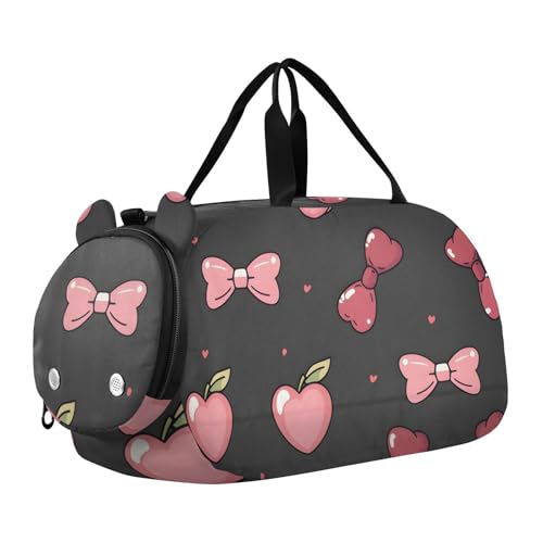 Duffle Bag Kids Gym Bag with Shoes Compartment & Wet Separation Overnight Travel Duffel Bag Cherry Heart Black Background for Girl Boy