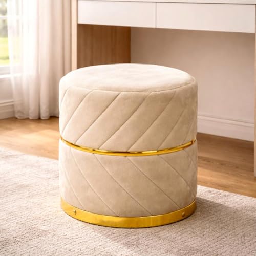 Image of Premium Velvet Puffy Ottoman Stool for Living Room | Round Footrest with Diagonal Channel Stitching & Gold Metal Base | Luxury Pouffe for Bedroom & Dressing Area