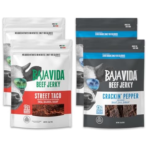 Baja Vida Beef Jerky Variety Pack - Sweet and Spicy Beef Jerky Snack Packs, Healthy Jerky, Gluten-Free, All-Natural Beef, Made in USA - Street Taco & Crackin' Pepper, 2.5 & 2 Oz Bags (Pack of 4) Cover