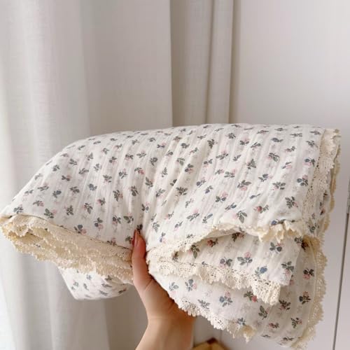 Image of BuLuTu Pink Bellflower Print Muslin Cotton Quilted Blanket for Girls Boys Lightweight Soft Crib Blankets Toddler Comforter for Toddlers Kids Children, All Seasons, 47x59 Inches