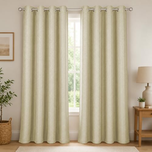 Image of LINENWALAS 100% Blackout Curtains for Door (7 Feet) - Set of 2 Panels, Herringbone Linen Texture Complete Light Block, Thermal Insulated & Noise Reducing Room Darkening Drapes (Beige)