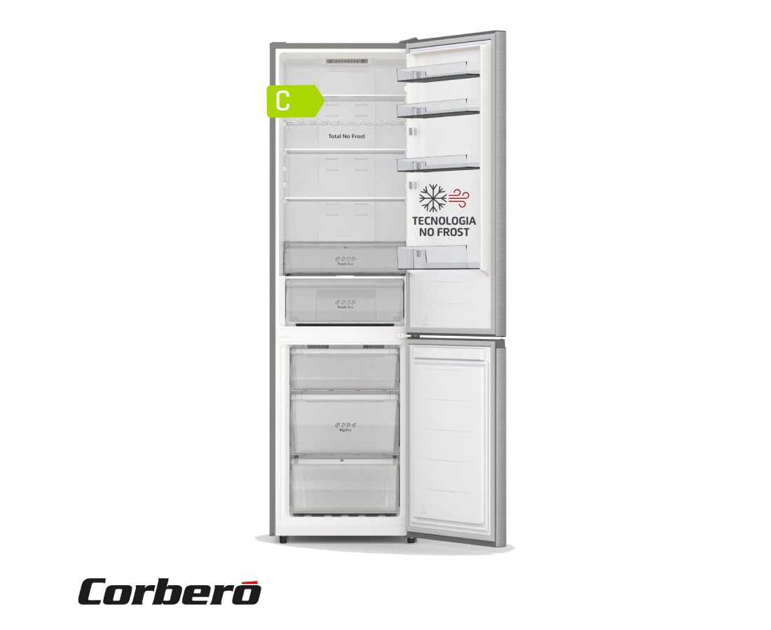 Corberó - Frigorífico Combi | CCM200834NFX | 336L | 57,9x59,5x202 | No Frost | Inverter | Luz LED | Fresh Box | Crisper | Balcones Ajustables | Estantes de Cristal | Huevera | 35 Db | Inox